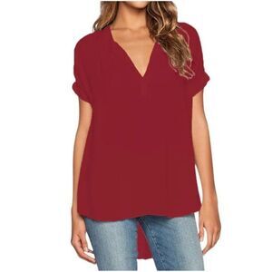 Casual Short Sleeve V-Neck Blouse Burgundy M